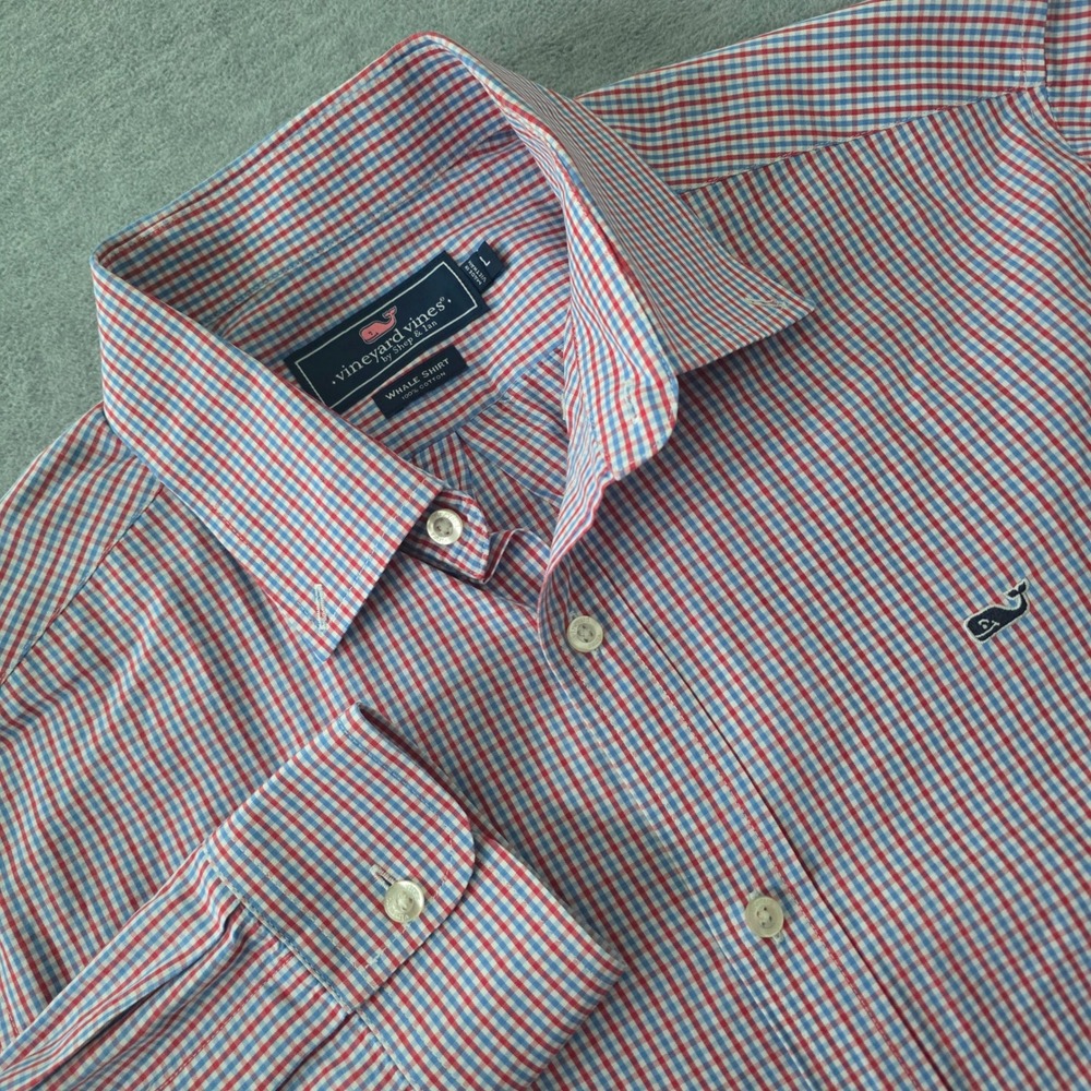 Vineyard Vines Mens Whale Shirt Red White Blue Gingham Check Button Down Large